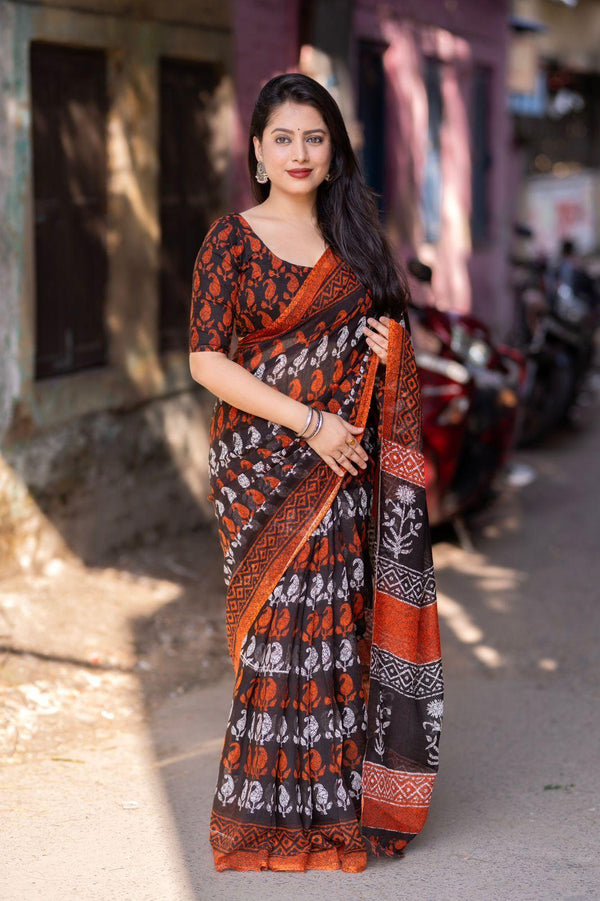 Orange Linen Blend Ethnic Motifs Saree with Unstitched Blouse - A2M