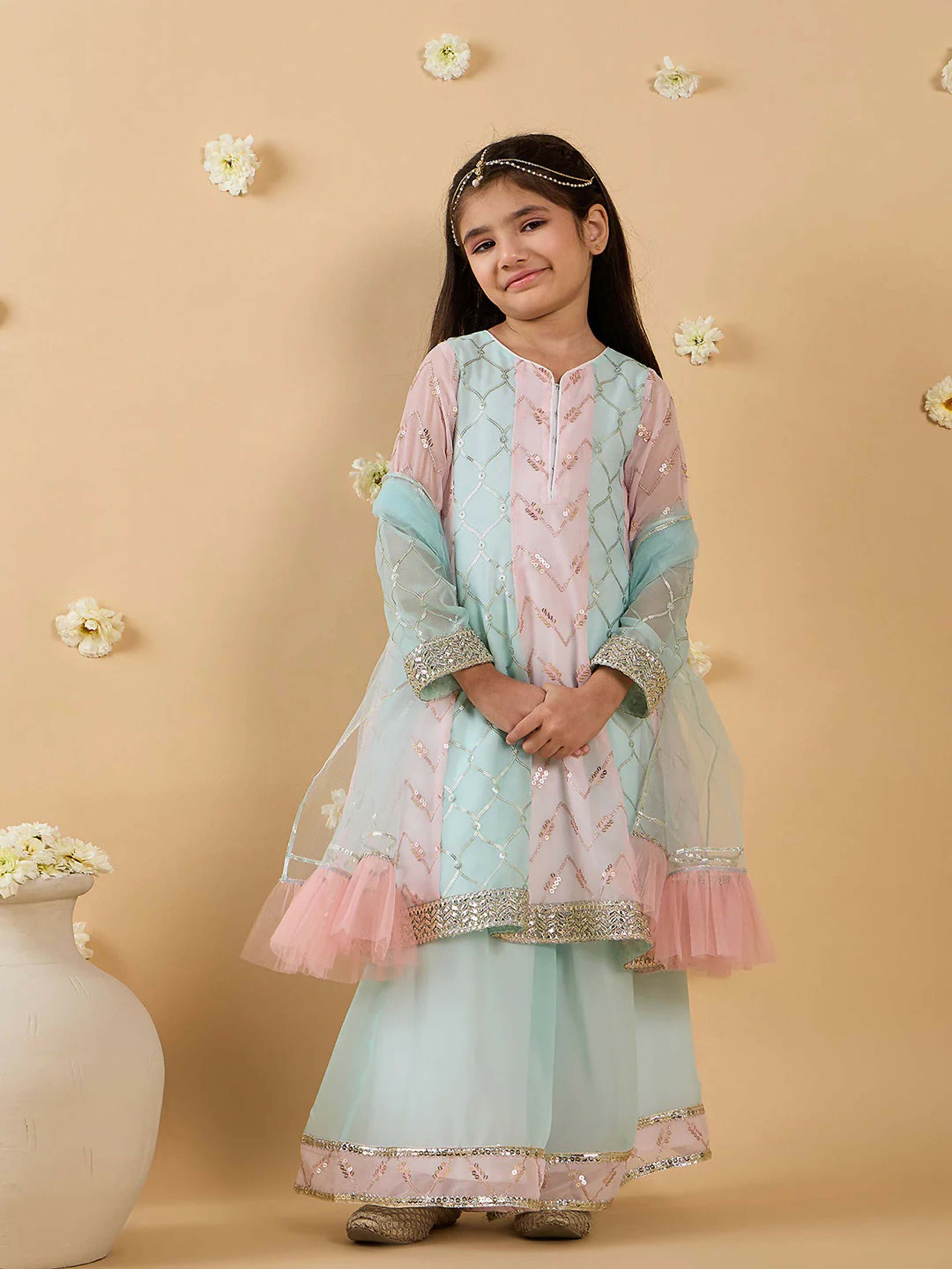 Joban Fashion Girl's Baby Pink & Sky Blue Color Lehenga Choli