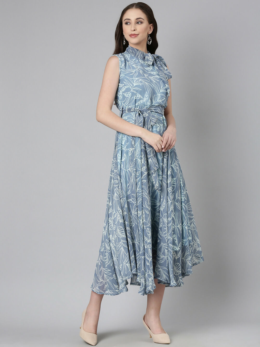 Souchii Grey Floral Chiffon Maxi Dress