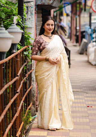 Cream Poly Silk Ethnic Motifs Saree with Unstitched Blouse - Hiral Fashion - Distacart