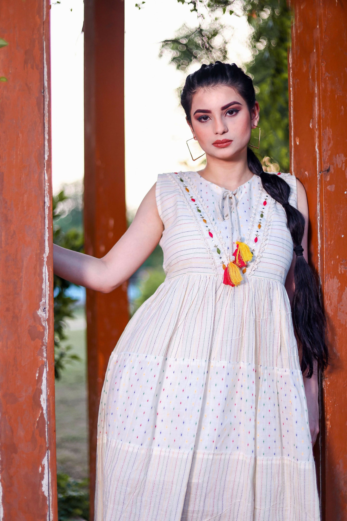 Aayaa Designer Multi Thread Hand Work Khadi Cotton One Piece Dress - Off White - Distacart