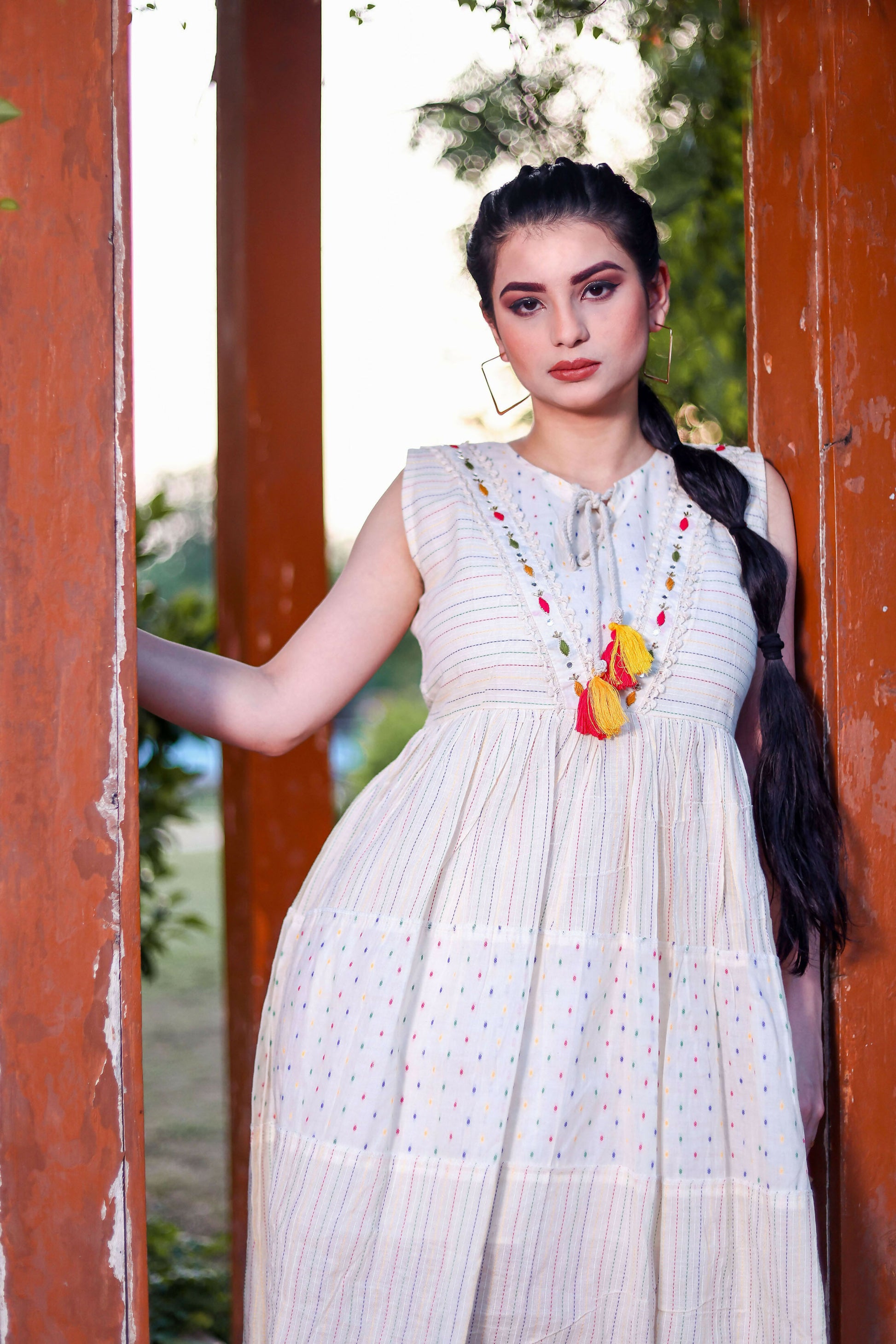 Aayaa Designer Multi Thread Hand Work Khadi Cotton One Piece Dress - Off White - Distacart