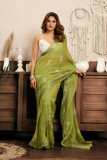 Thumbnail for Vastranavya Mehendi Digital Printed Linen Ready To Wear Designer Saree with Unstitched Blouse - Distacart