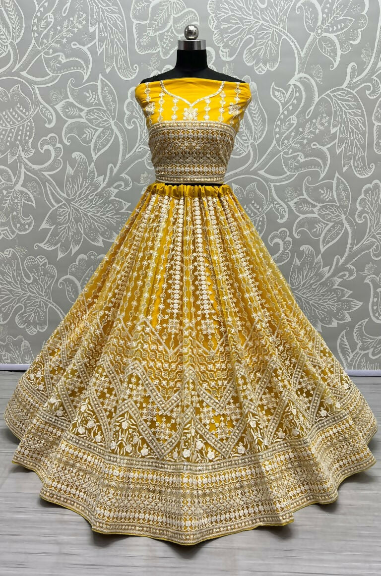Jyoti Fashion Women's Yellow Net Patterned Thread Embroidered with Sequins Wedding Lehenga Choli - Distacart