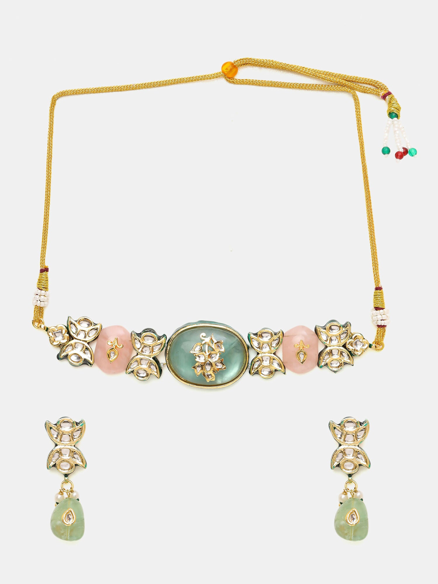 Ruby Raang 22k Gold Polished Kundan And Mint Colored Stonework Choker With Matching Earrings