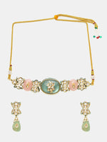 Thumbnail for Ruby Raang 22k Gold Polished Kundan And Mint Colored Stonework Choker With Matching Earrings