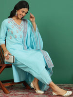Thumbnail for Sangria Embroidered Cotton Kurta With Trousers & Dupatta - Distacart