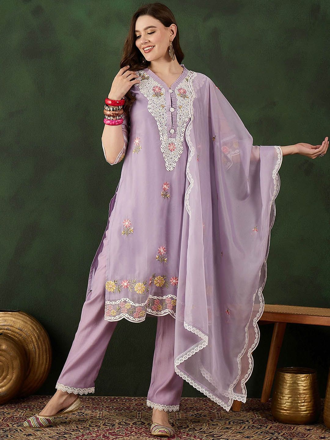 Sangria Embroidered Kurta With Trouser & Dupatta Set - Distacart