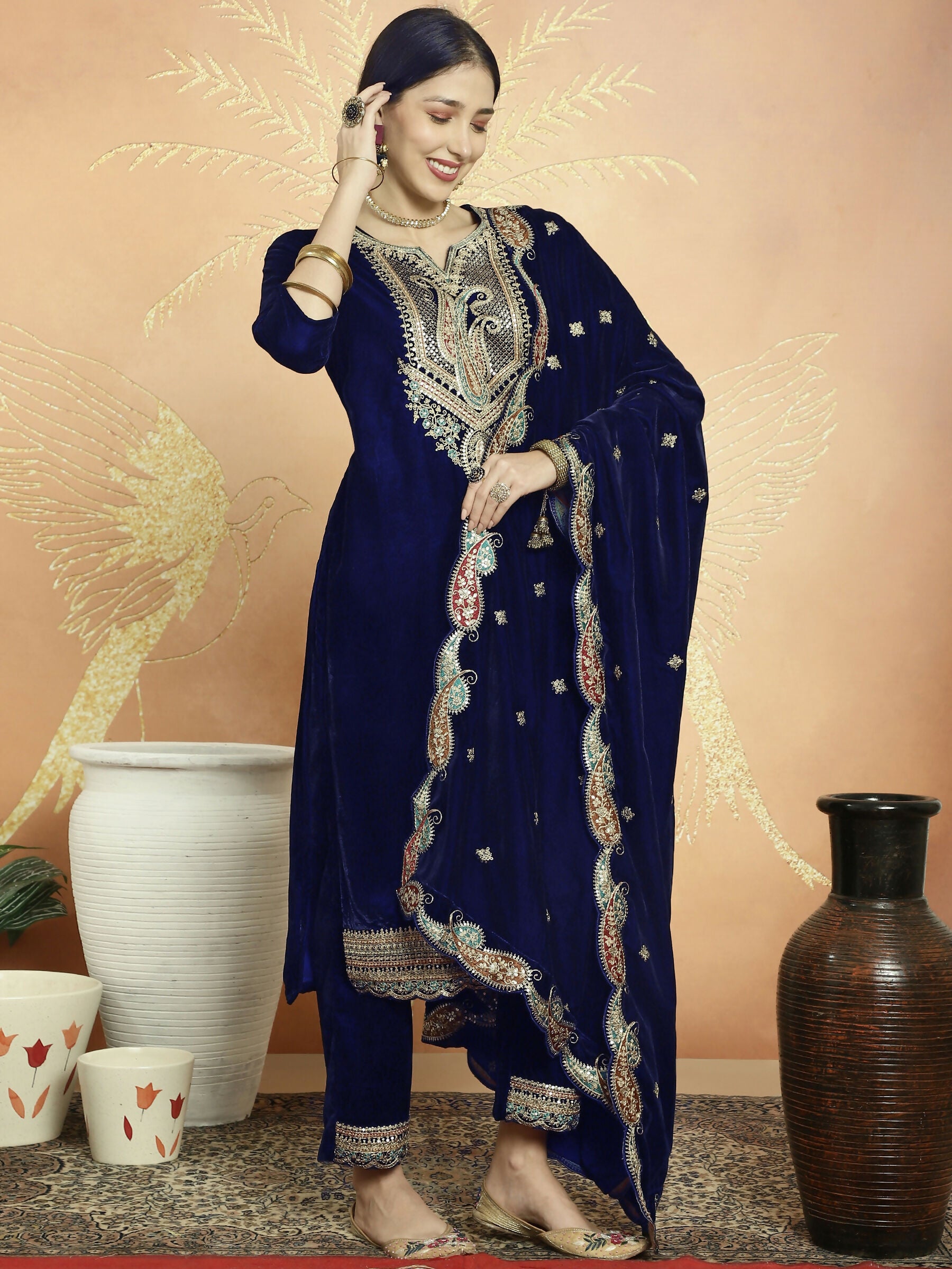 Jyoti Fashion Women's Navy Blue Velvet Cording with Resham Thread & Sequin Kurta with Trouser & Dupatta - Distacart