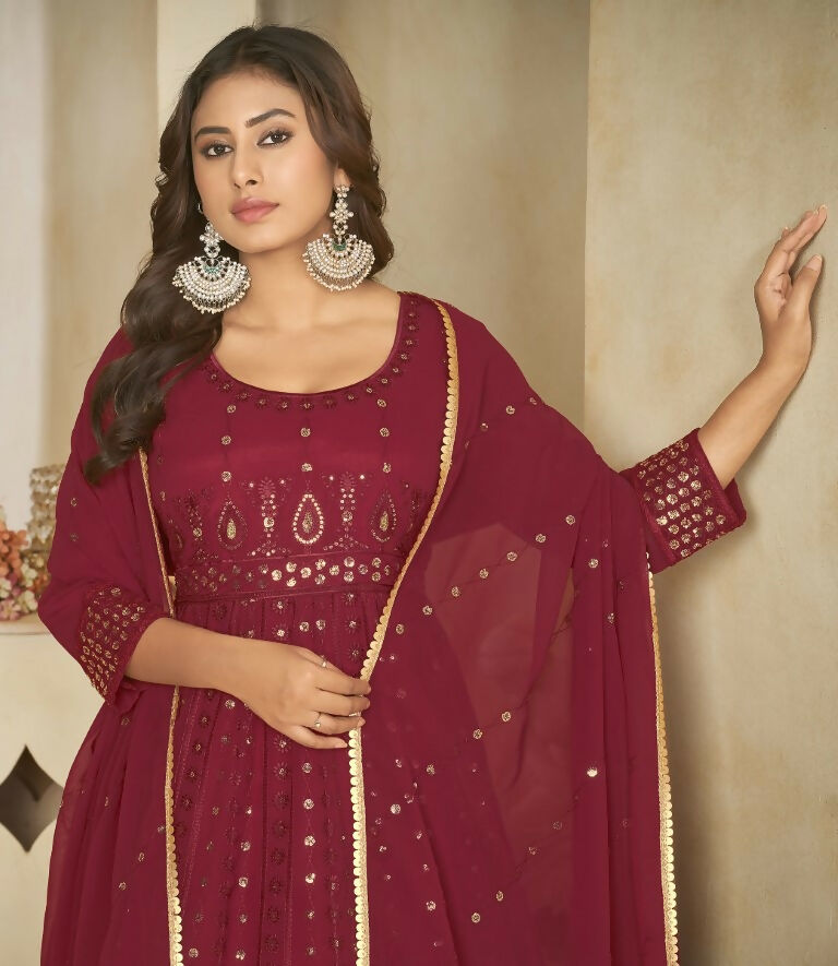 Jyoti Fashion Women's Maroon Georgette Embroidered Anarkali Kurta Pant Set With Dupatta - Distacart