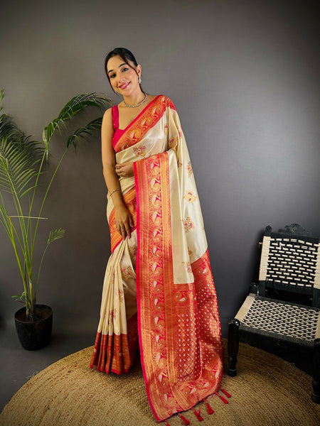 Joban Fashion Banarasi White Woven Soft Silk Saree