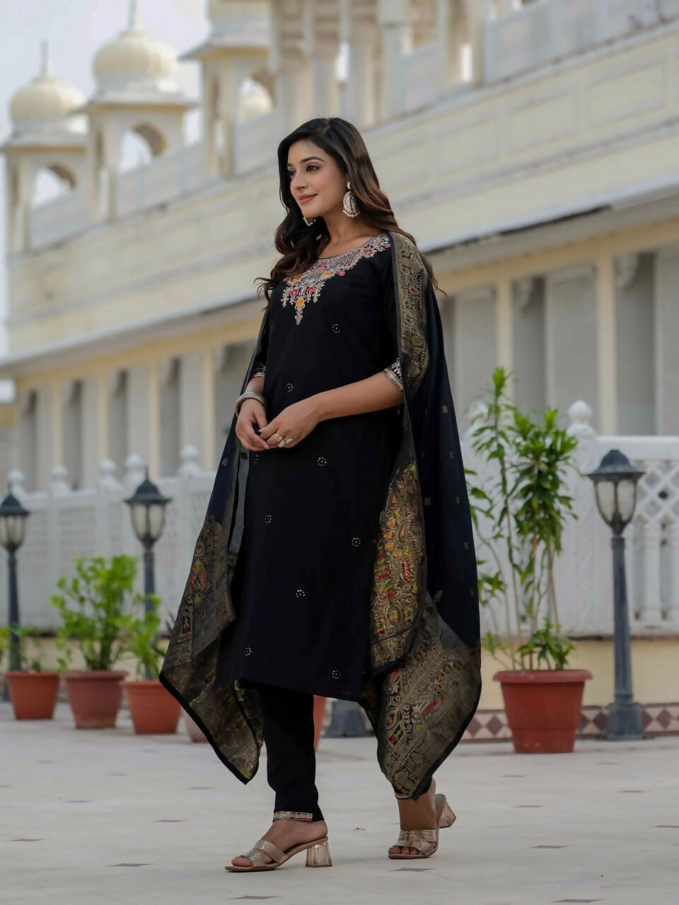Preksha Creation Wedding Special Premium Roman Silk Coding Embroidery With Sequins Work Kurti Dupatta With Pant