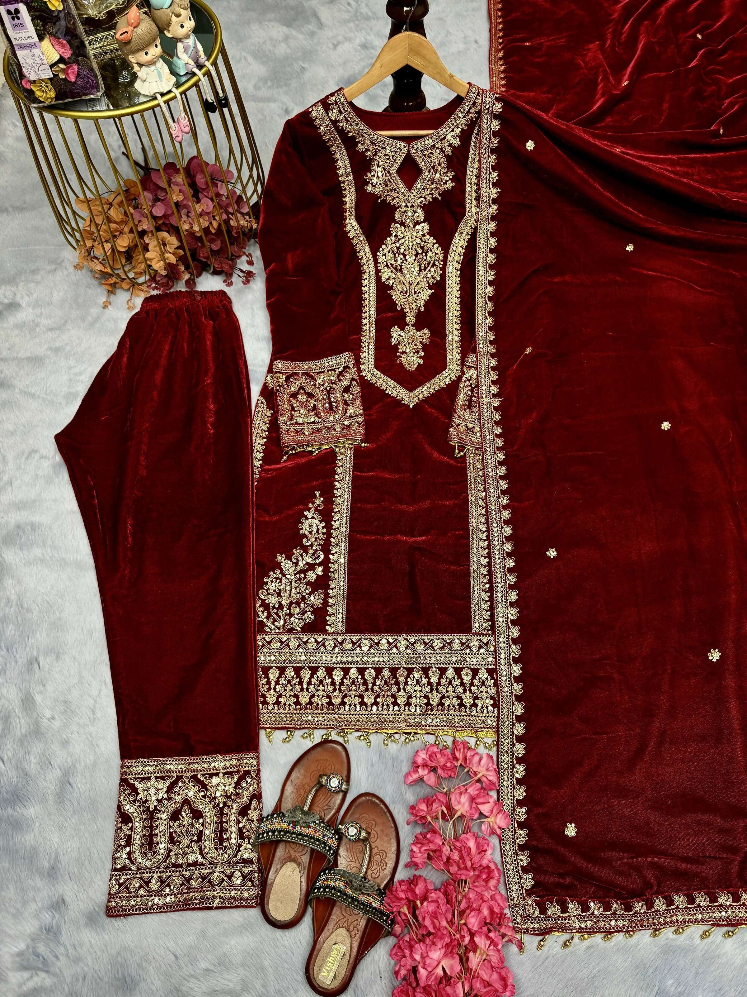 Teeya Creation Maroon Color Velvet Fabric Designer Embroidery Work Suit
