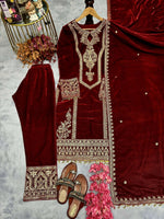 Thumbnail for Teeya Creation Maroon Color Velvet Fabric Designer Embroidery Work Suit