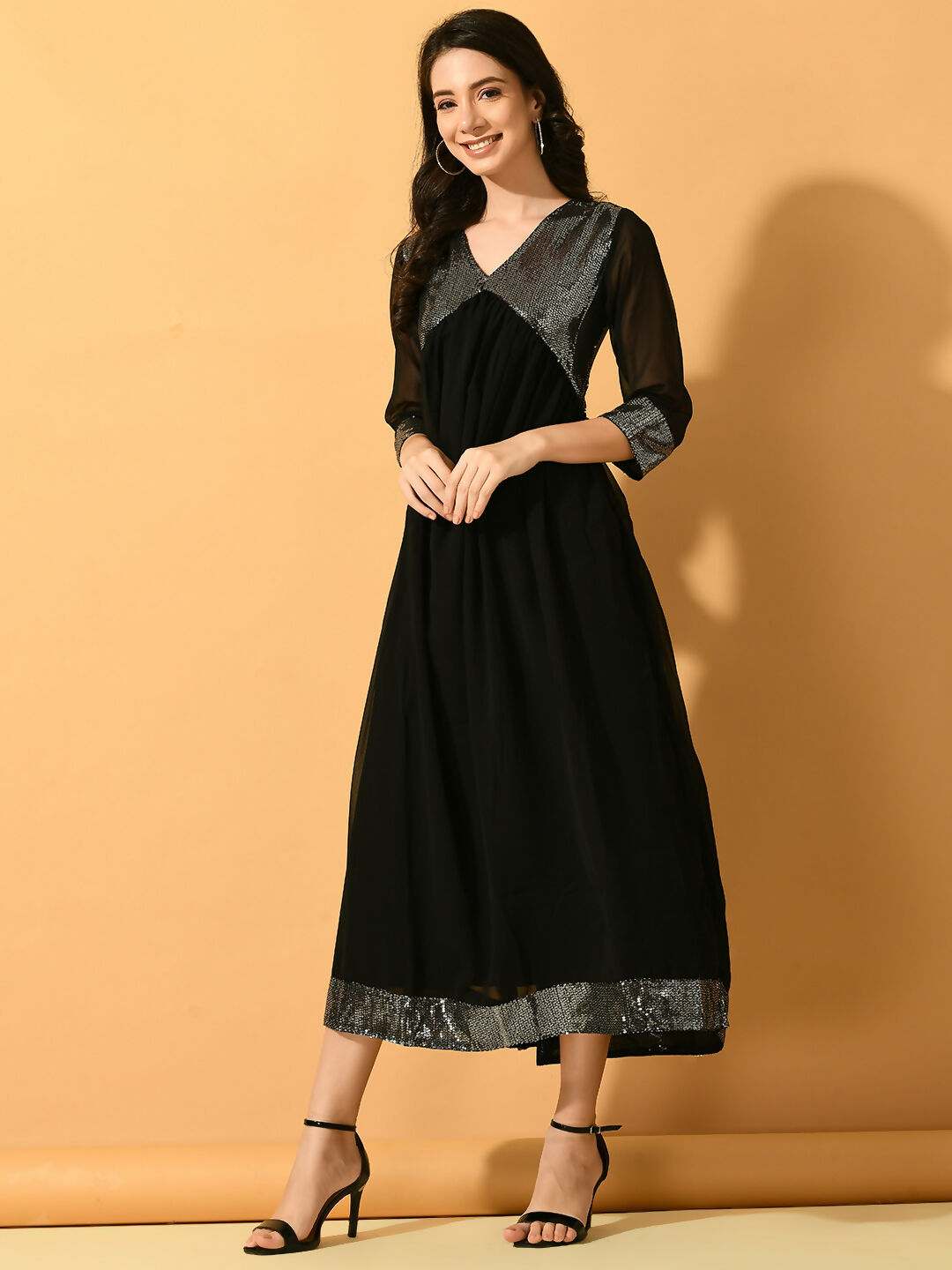 Myshka Women's Black Fit and Flare Party Dress - Distacart