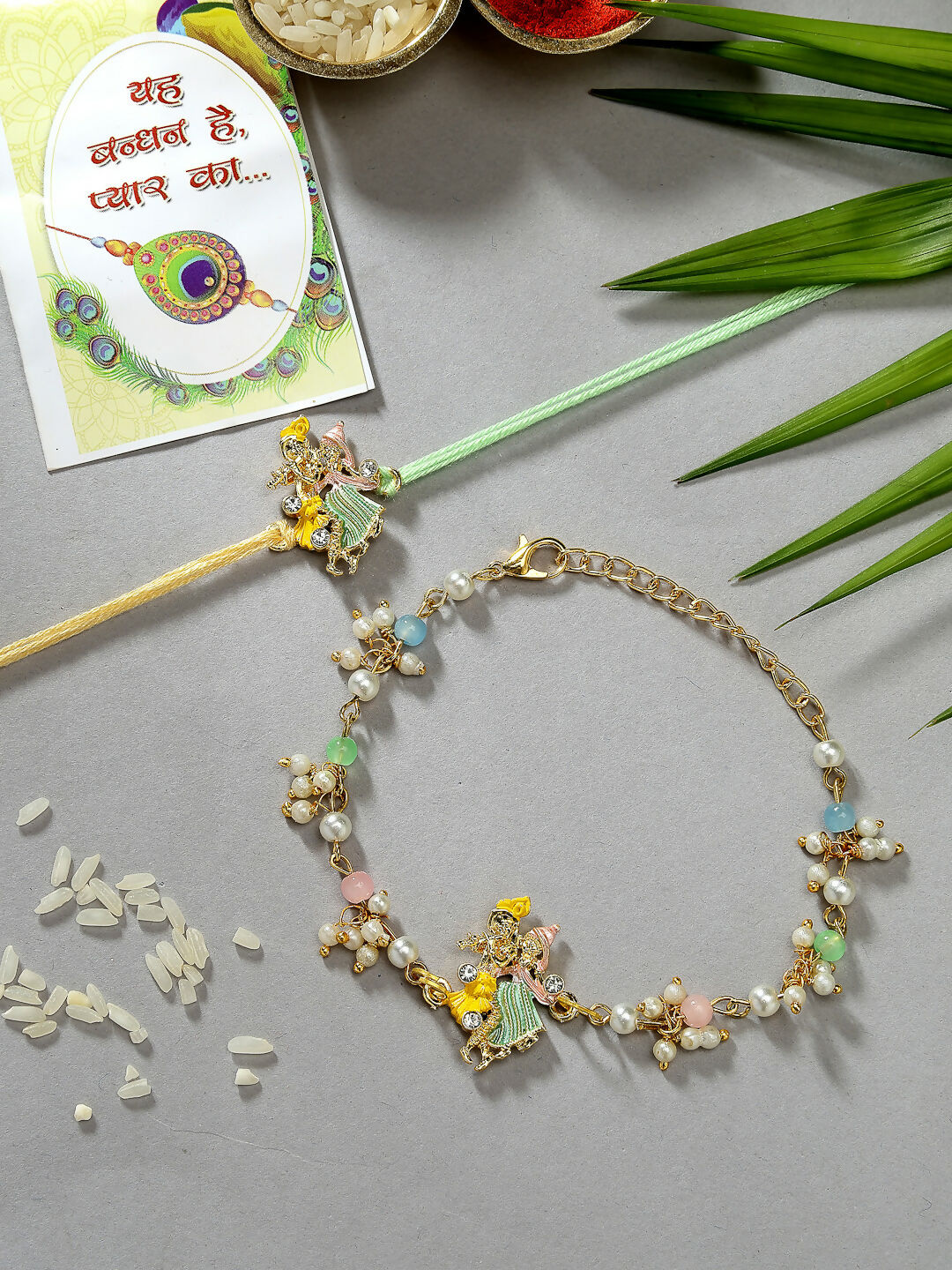 NVR Women & Men Set of 2 Multicolor Gold-Toned Radha Krishna Beaded Bhaiya Bhabhi Rakhi With Roli Chawal - Distacart