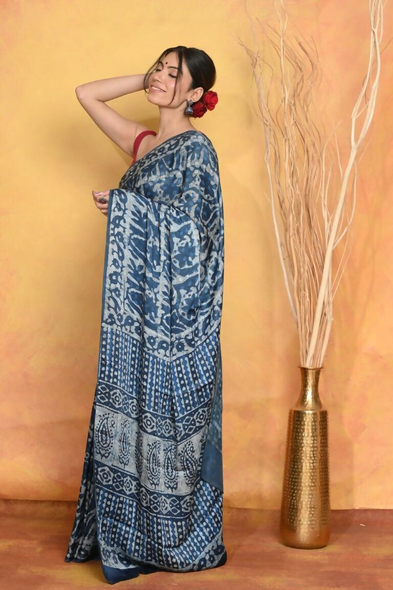 Very Much Indian Modal Silk Ajrakh Handblock Printed Natural Dyes Sleek Border Saree - Powder Blue - Distacart