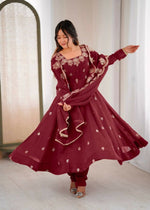 Thumbnail for Teeya Creation Maroon Color Crunchy Silk Embroidery Work Wedding Wear Gown
