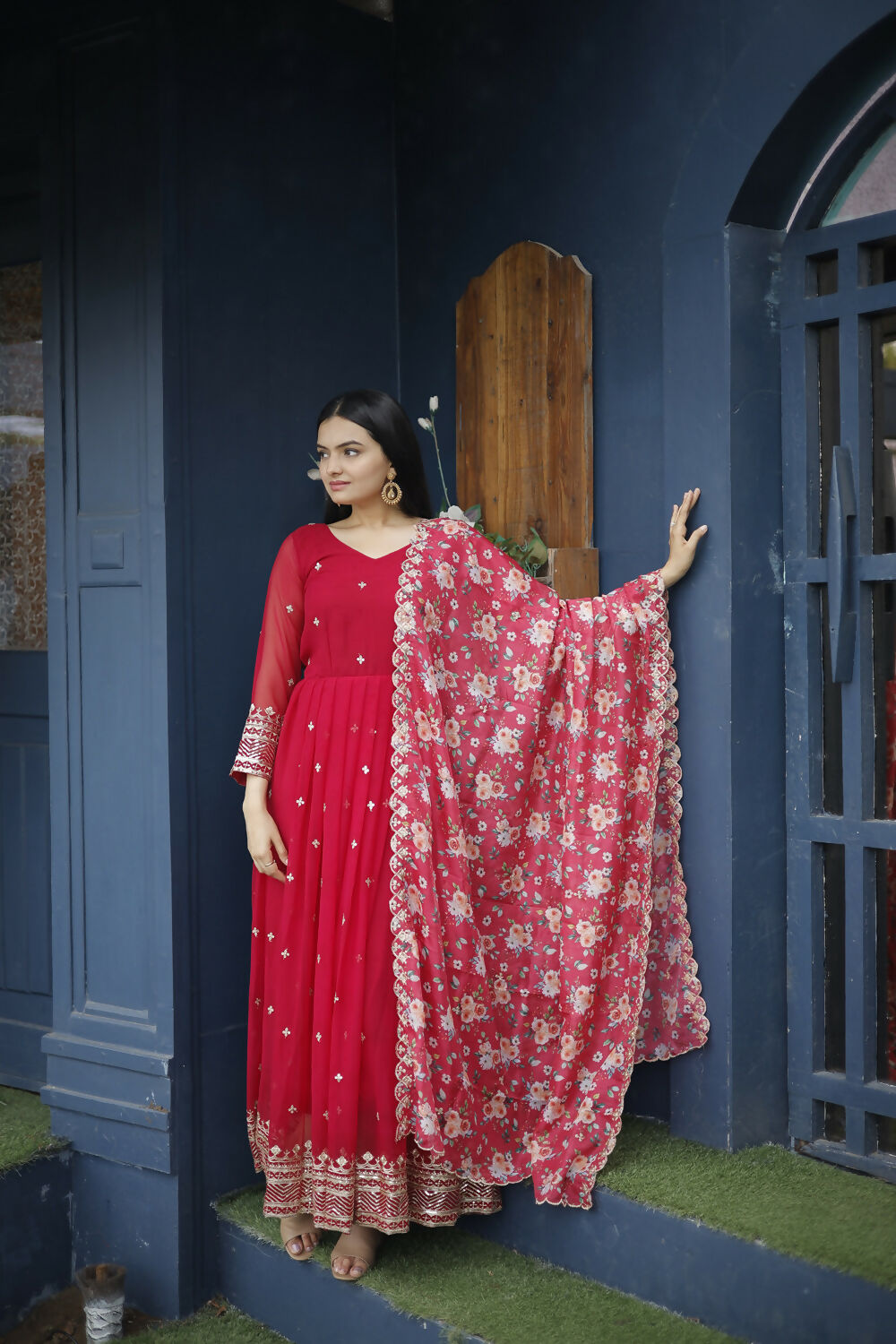 Aayaa Designer Embroidery Zari Sequins-Work Faux Blooming Georgette Suit - Red - Distacart