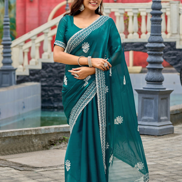 Vastranavya Rama Embroidery Work Shimmer Chiffon Saree with Unstitched Blouse