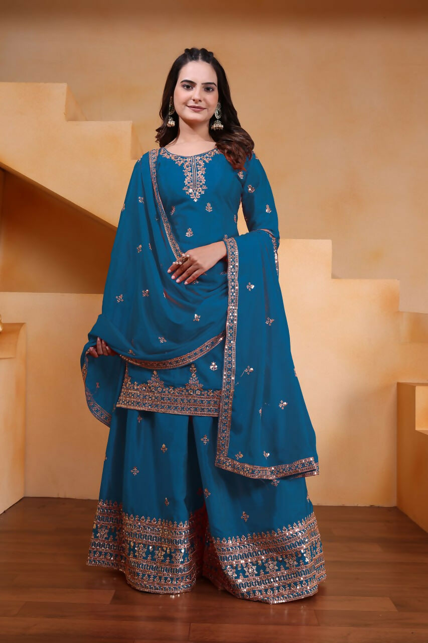 Joban Fashion Teal Silk Embroidered Sharara Set - Distacart