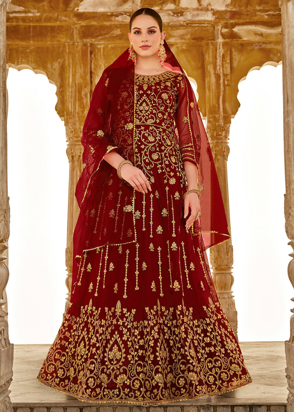 Heavy Stone Embroidered Maroon Designer Anarkali Suit - Emponline - Distacart