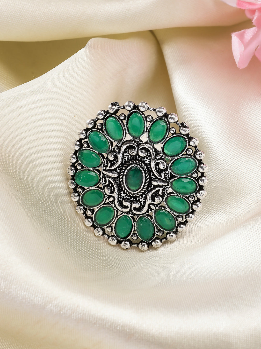 NVR Women's Green Silver-Plated Circular Shape Adjustable Finger Ring - Distacart