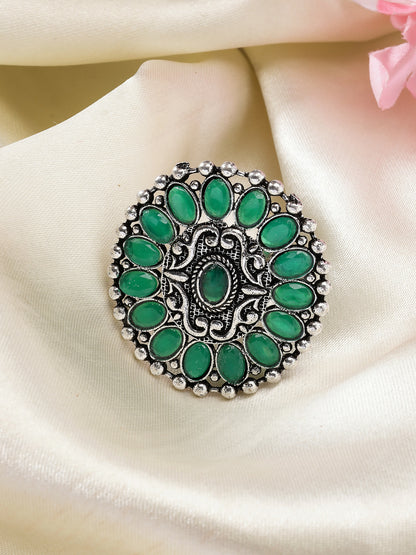 NVR Women's Green Silver-Plated Circular Shape Adjustable Finger Ring - Distacart
