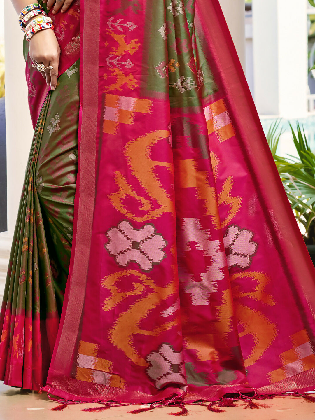Astita Pochampalli Silk Olive Green Saree