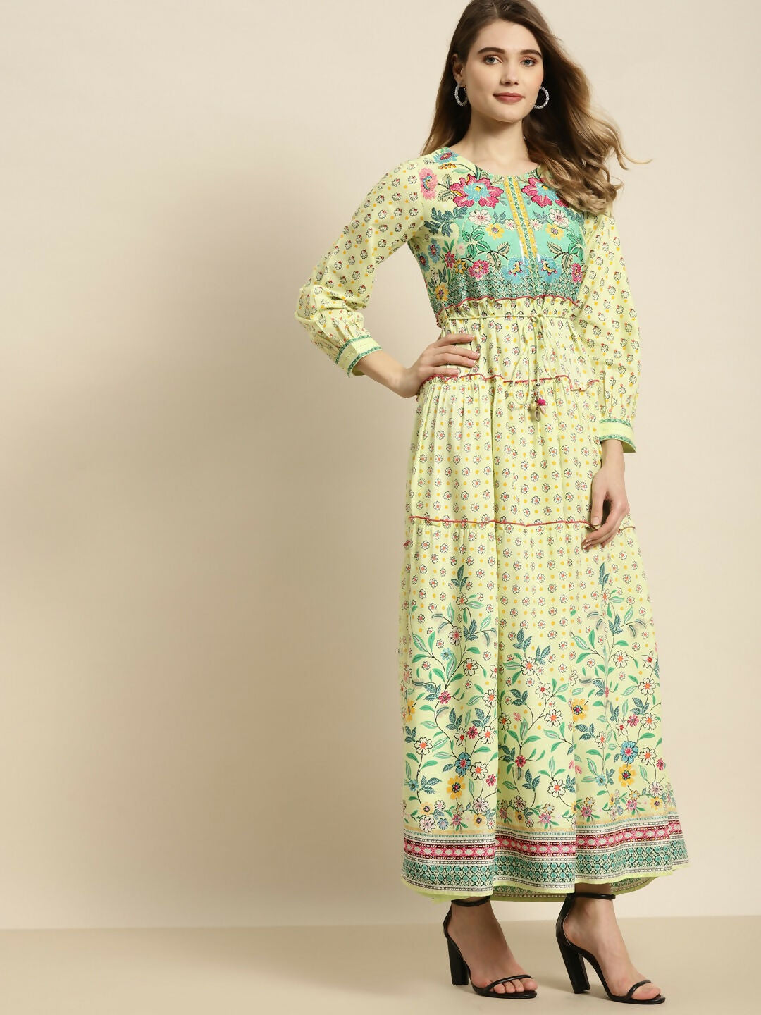 Juniper Lime Green Floral Printed Rayon Maxi Dress With Dori Tie-Up & Tassels On Waist - Distacart