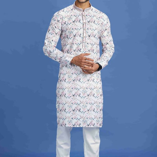 Raivat Ethnic Cotton Embroidery Kurta Pajama In Pink and Blue Colour - Dista