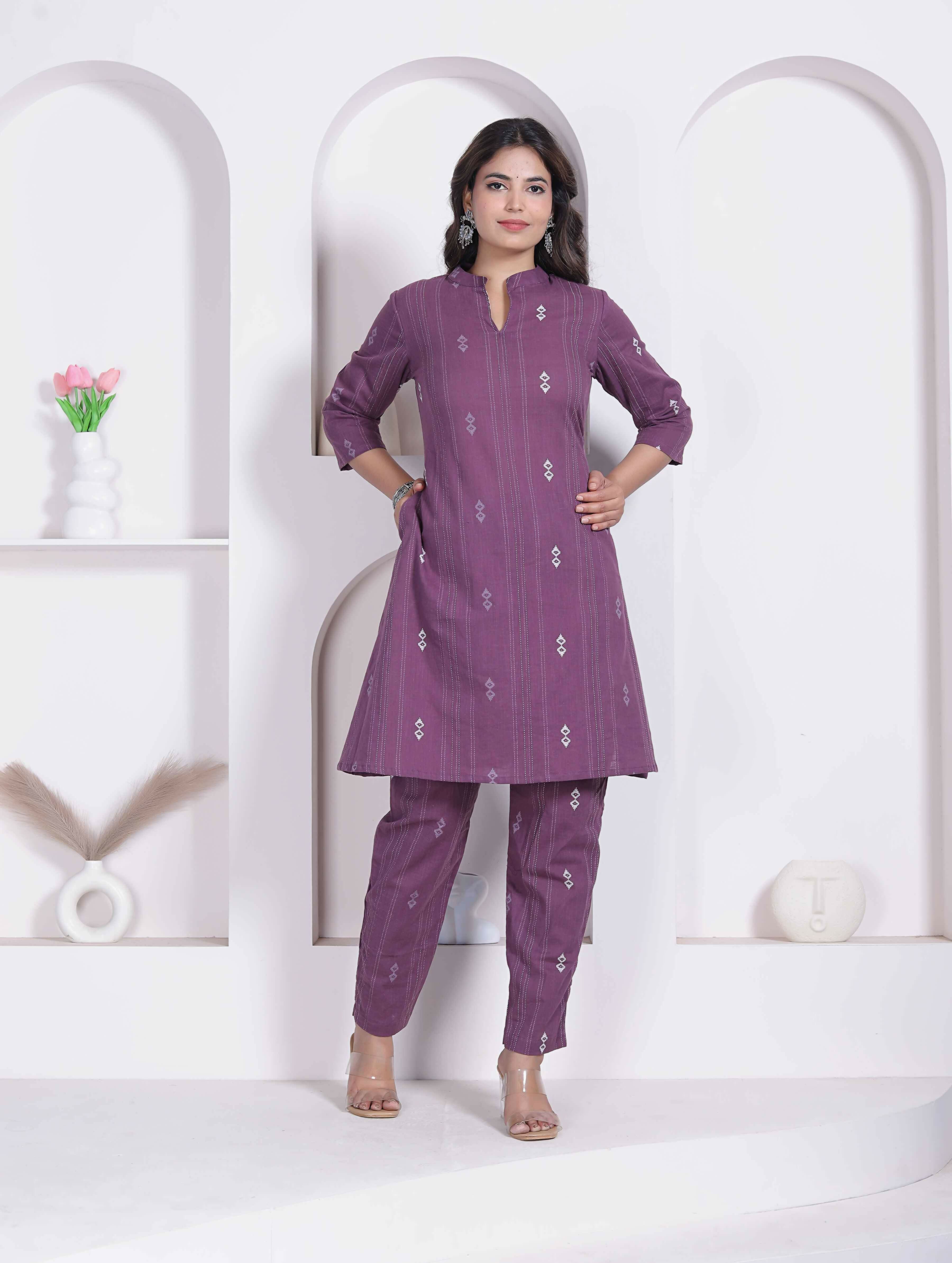 Miravan Womens Abstract Printed Wine Kurta Set - Dista