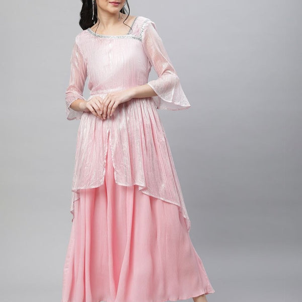 AURELIA Asymmetric Neck Bell Sleeve Layered Fit & Flare Maxi Ethnic Dress - Distacart