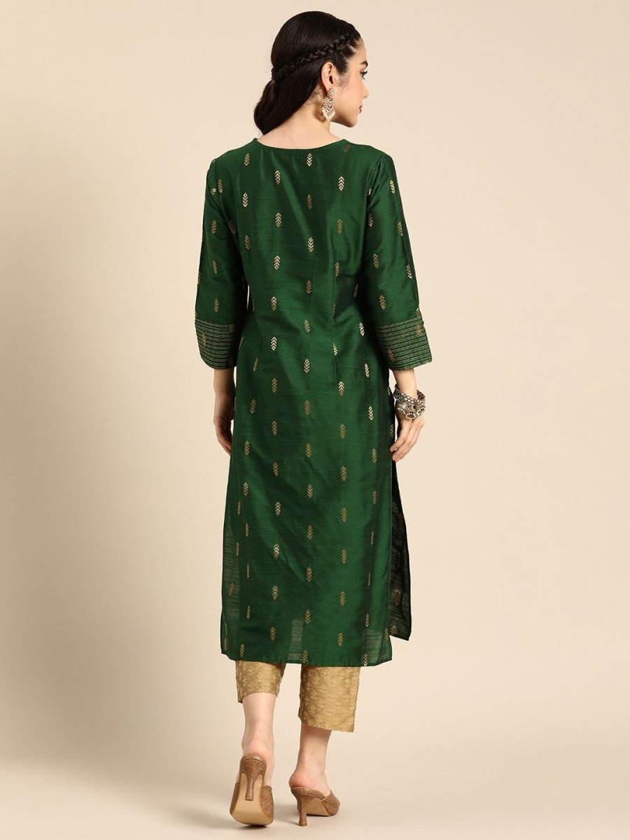 Anouk Women Green & Gold-Toned Ethnic Motifs Dobby Kurta