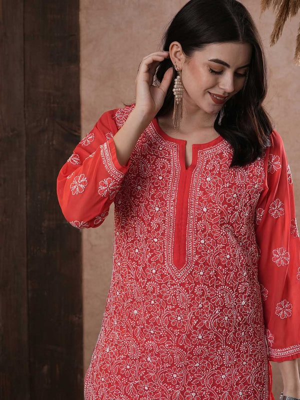 ADA Women Red & White Chikankari Hand Embroidered Semi-Sheer Straight Sustainable Handloom Kurta - Distacart