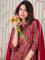 Thumbnail for Ode by House of Pataudi Floral Printed Regular Pure Cotton Kurta with Trousers & Dupatta - Distacart