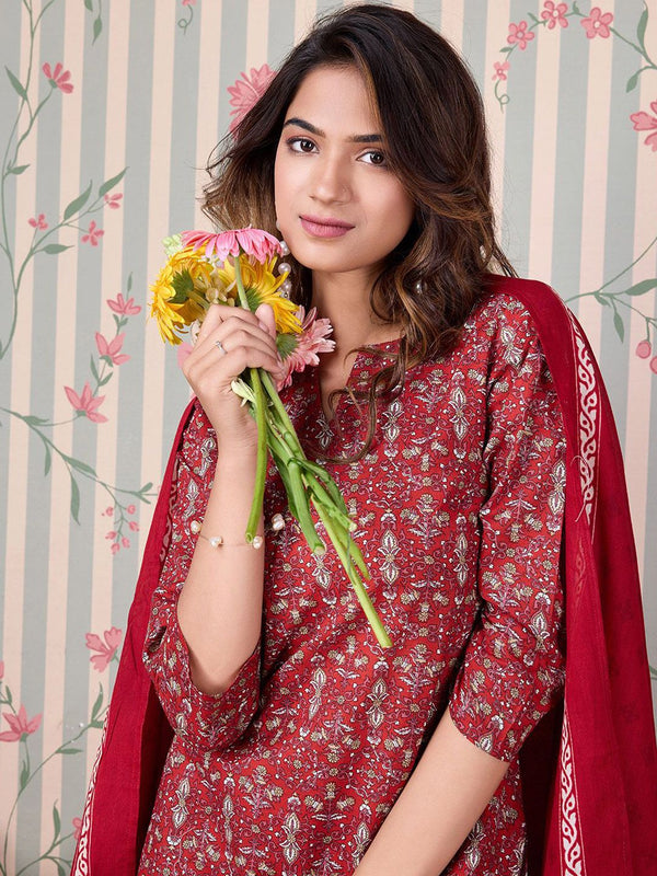 Ode by House of Pataudi Floral Printed Regular Pure Cotton Kurta with Trousers & Dupatta - Distacart