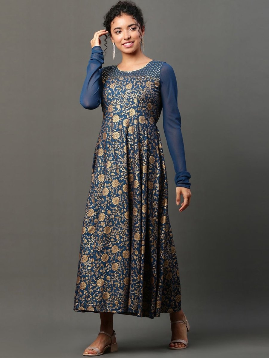 AURELIA Floral Printed Sequinned A-Line Ethnic Dress