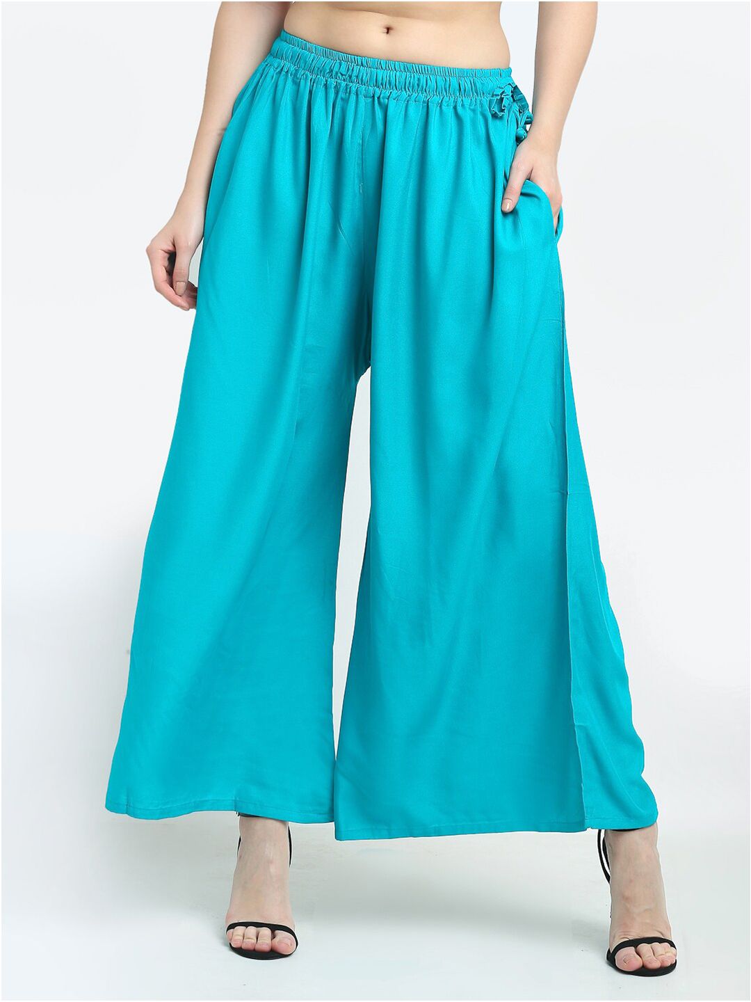 TAG 7 Women Pack Of 2 Cream-Coloured & Turquoise Blue Flared Ethnic Palazzos - Distacart