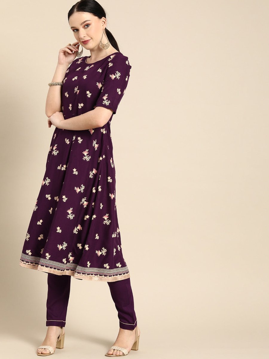 All About You Women Purple Floral Print Regular Kurta with Trousers - Distacart