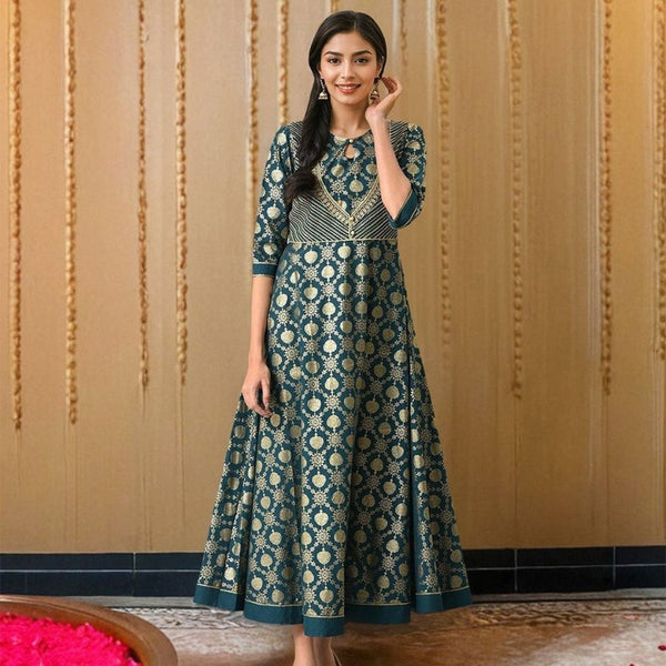 AURELIA Green Ethnic Motifs Cotton Maxi Dress - Distacart