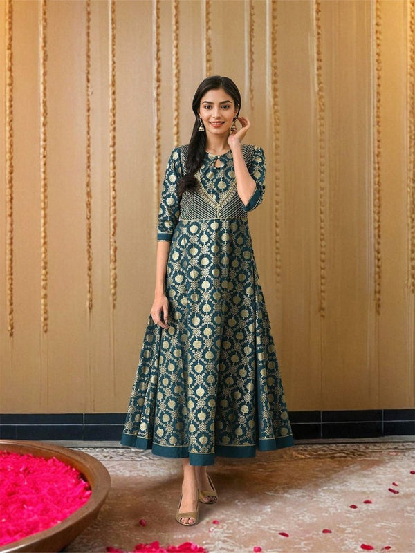 AURELIA Green Ethnic Motifs Cotton Maxi Dress