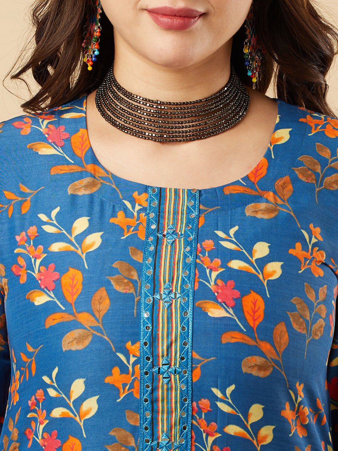 Buy Kalini Floral Printed Regular Mirror Work Kurta with Trousers ...
