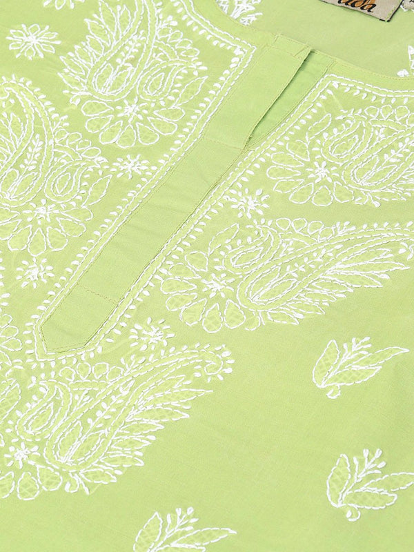 ADA Women Green & White Chikankari Hand Embroidered Straight Sustainable Handloom Kurta - Distacart