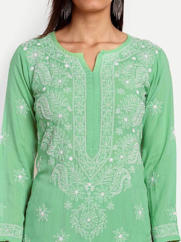 ADA Floral Embroidered Long Sleeves Regular Lucknowi Chikankari Kurta With Palazzos - Distacart