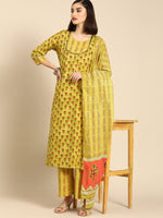 Thumbnail for Anouk Women Mustard Yellow Ethnic Motifs Printed Cotton Kurta with Palazzos & With Dupatta - Distacart
