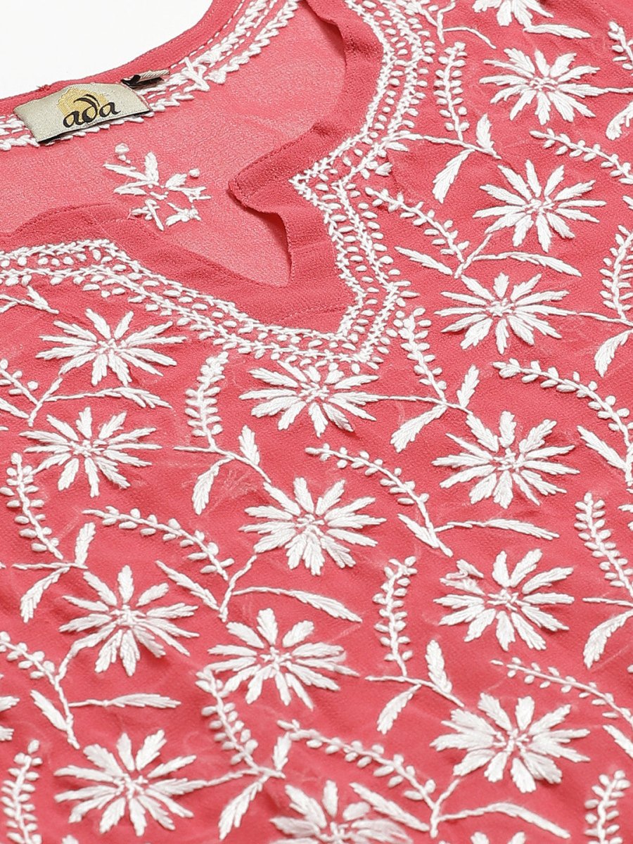 ADA Women Pink & White Chikankari Embroidered Sustainable Handloom Kurta with Trousers - Distacart