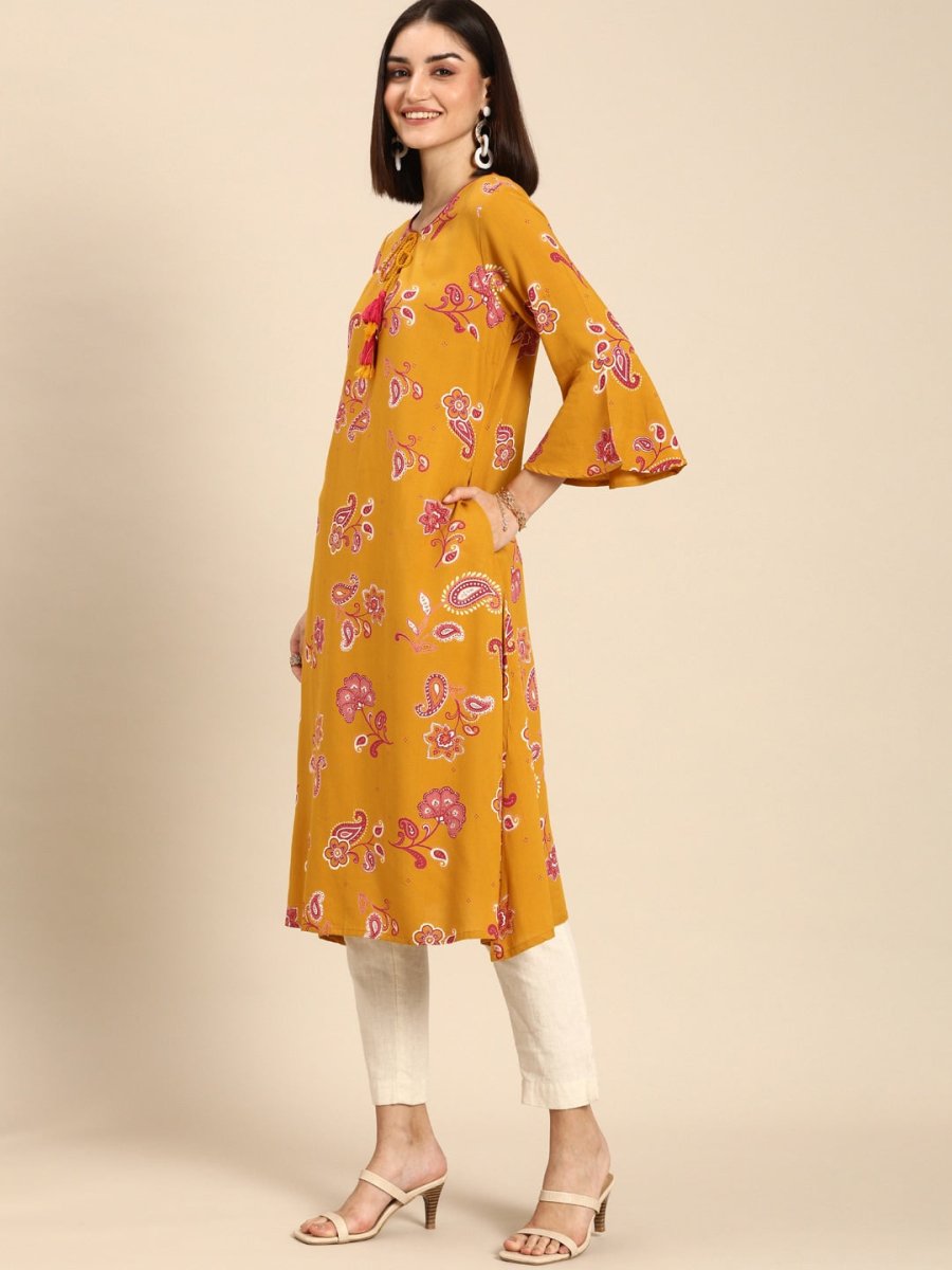 All About You Women Mustard Yellow Ethnic Motifs Printed Flared Sleeves Kurta - Distacart