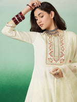 Thumbnail for Sangria Off White Floral Embroidered Straight Kurta With Trousers With Dupatta
