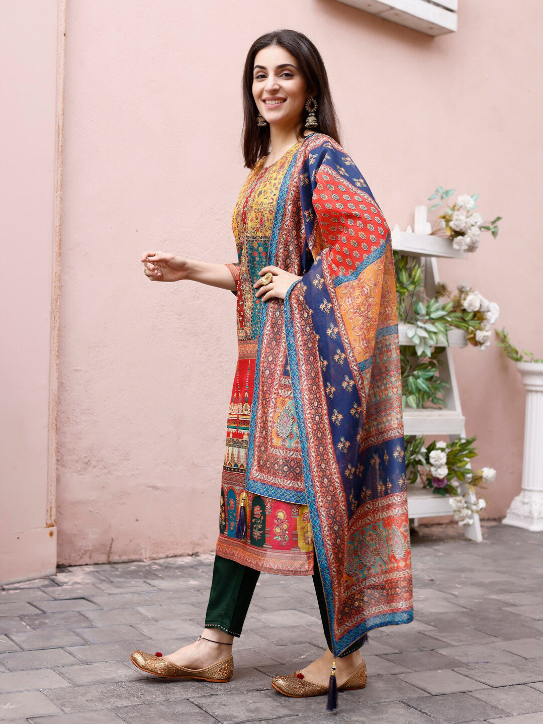 Kalini Round Neck Ethnic Motifs Printed Regular Thread Work Chanderi Silk Kurta Set - Distacart